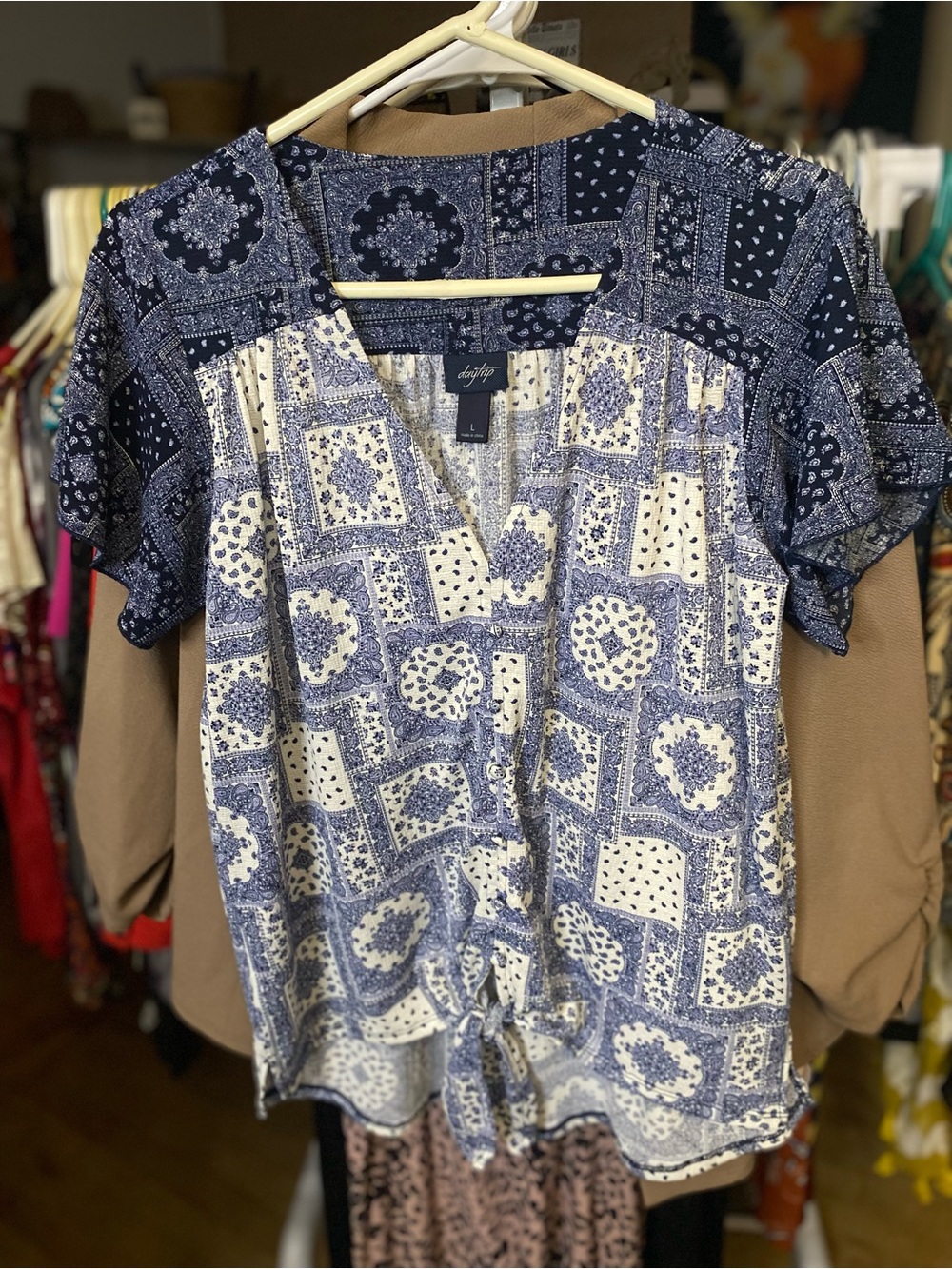 Daytrip Blue and White Patchwork Tie-Front Blouse